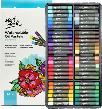 Mont Marte Watersoluble Oil Pastels in Tin Box Signature 48pc, 48 Assorted Colors, Great Blending and Layering, Comes in Storage Case, Ideal for Art, Craft, Coloring and Sketching