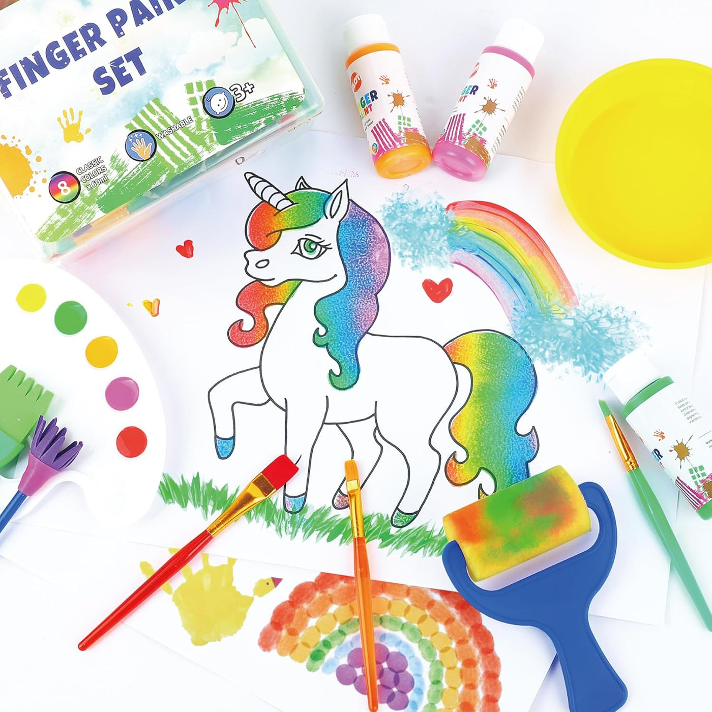 Early Learning Kids Paint Set Washable Finger Paint with Assorted Painting Brushes Sponges Portable Case for Kids Toddlers Drawing Gifts Age 3+