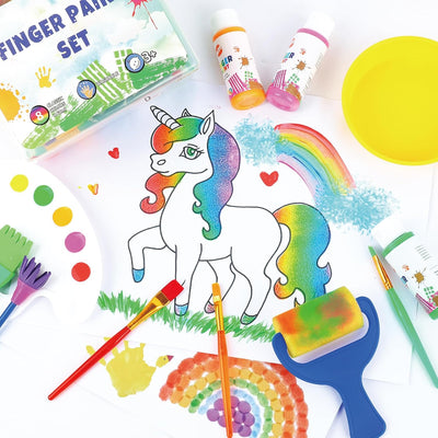 Early Learning Kids Paint Set Washable Finger Paint with Assorted Painting Brushes Sponges Portable Case for Kids Toddlers Drawing Gifts Age 3+