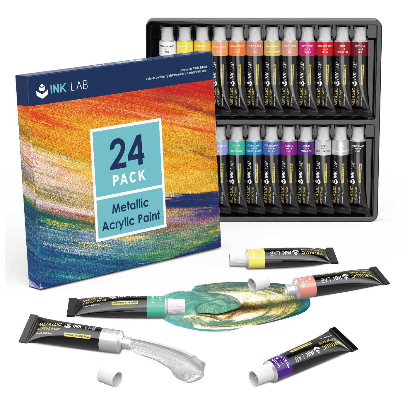INK LAB Acrylic Paint Set 24 Tubes Non Toxic Acrylic Craft Paints for Artists Beginners Canvas Wood Painting, No Fading & Rich Pigment, 12ml/Tube