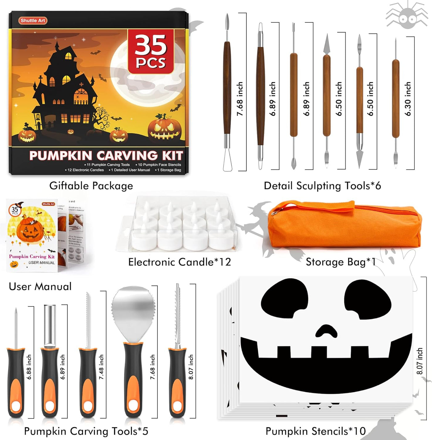 Shuttle Art 35 PCS Halloween Pumpkin Carving Kit, 11 PCS Professional Stainless Steel Pumpkin Carving Tools with 10 Stencils and 12 Electronic Candles, Safe, Fun and Durable for Kids Adults Carving