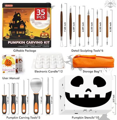 Shuttle Art 35 PCS Halloween Pumpkin Carving Kit, 11 PCS Professional Stainless Steel Pumpkin Carving Tools with 10 Stencils and 12 Electronic Candles, Safe, Fun and Durable for Kids Adults Carving