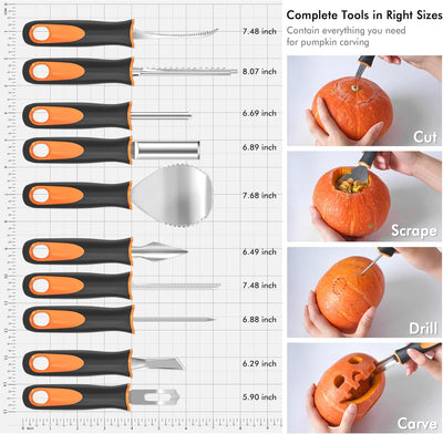Shuttle Art 20 PCS Halloween Pumpkin Carving Kit, 10 PCS Professional Heavy Duty Stainless Steel Pumpkin Carving Tools with 10 Pumpkin Stencils and Carrying Case, Safe and Durable for Kids Adults