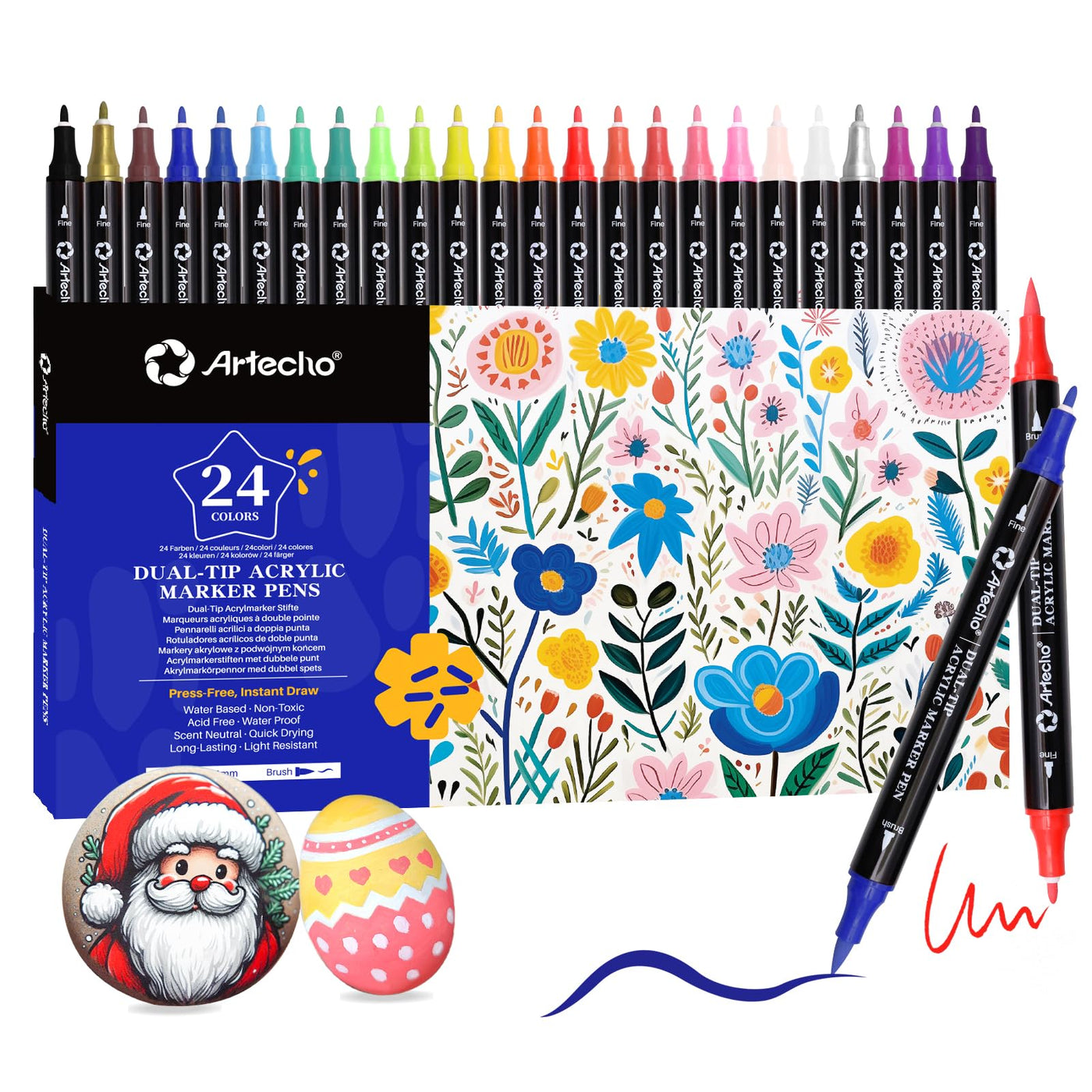 Artecho Acrylic Paint Markers 48 Colors, Acrylic Paint Pens with Brush Tip and Fine Tip for Stone, Rock Painting, Paper, Pumpkin, Wood, Egg, Canvas, Ceramic, Fabric, leather, Glass, DIY Crafts