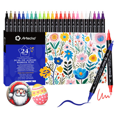 Artecho Acrylic Paint Markers 48 Colors, Acrylic Paint Pens with Brush Tip and Fine Tip for Stone, Rock Painting, Paper, Pumpkin, Wood, Egg, Canvas, Ceramic, Fabric, leather, Glass, DIY Crafts