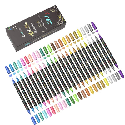 INK LAB Metallic Marker Pens Dual Tip 10 Colors Metallic Pens for Card Making Rock Painting Album Scrapbook Metal Wood Ceramic Glass, Medium & Brush Tip
