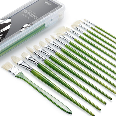 ARTIFY 15-Piece Professional Oil Paint Brush Set - Natural Hog Bristle, No-Shedding, Handcrafted by Masters for Oil/Acrylic/Gouache/Watercolor Painting (Includes Carrying Case)