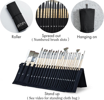 ARTIFY 25-Piece Professional Paint Brush Set – Expert Series Synthetic Nylon Brushes for Acrylic, Oil, Watercolor, Gouache – No Shedding, Canvas Roll Case & Palette Knife, Painter Gifts Art Supplies