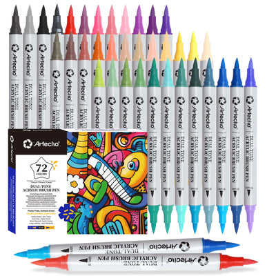 Artecho Acrylic Paint Markers 48 Colors, Acrylic Paint Pens with Brush Tip and Fine Tip for Stone, Rock Painting, Paper, Pumpkin, Wood, Egg, Canvas, Ceramic, Fabric, leather, Glass, DIY Crafts