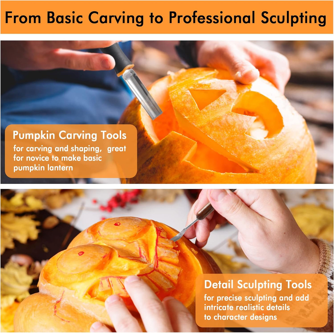 Shuttle Art 35 PCS Halloween Pumpkin Carving Kit, 11 PCS Professional Stainless Steel Pumpkin Carving Tools with 10 Stencils and 12 Electronic Candles, Safe, Fun and Durable for Kids Adults Carving
