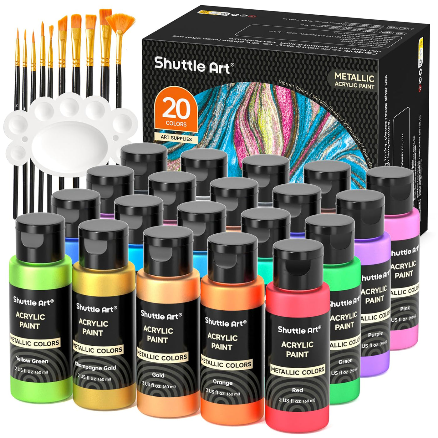 Shuttle Art Acrylic Paint, 50 Colors Acrylic Paint Set, 2oz/60ml Bottles, Rich Pigments, Water Proof, Premium for Artists, Beginners and Kids on Canvas Rocks Wood Ceramic Fabric