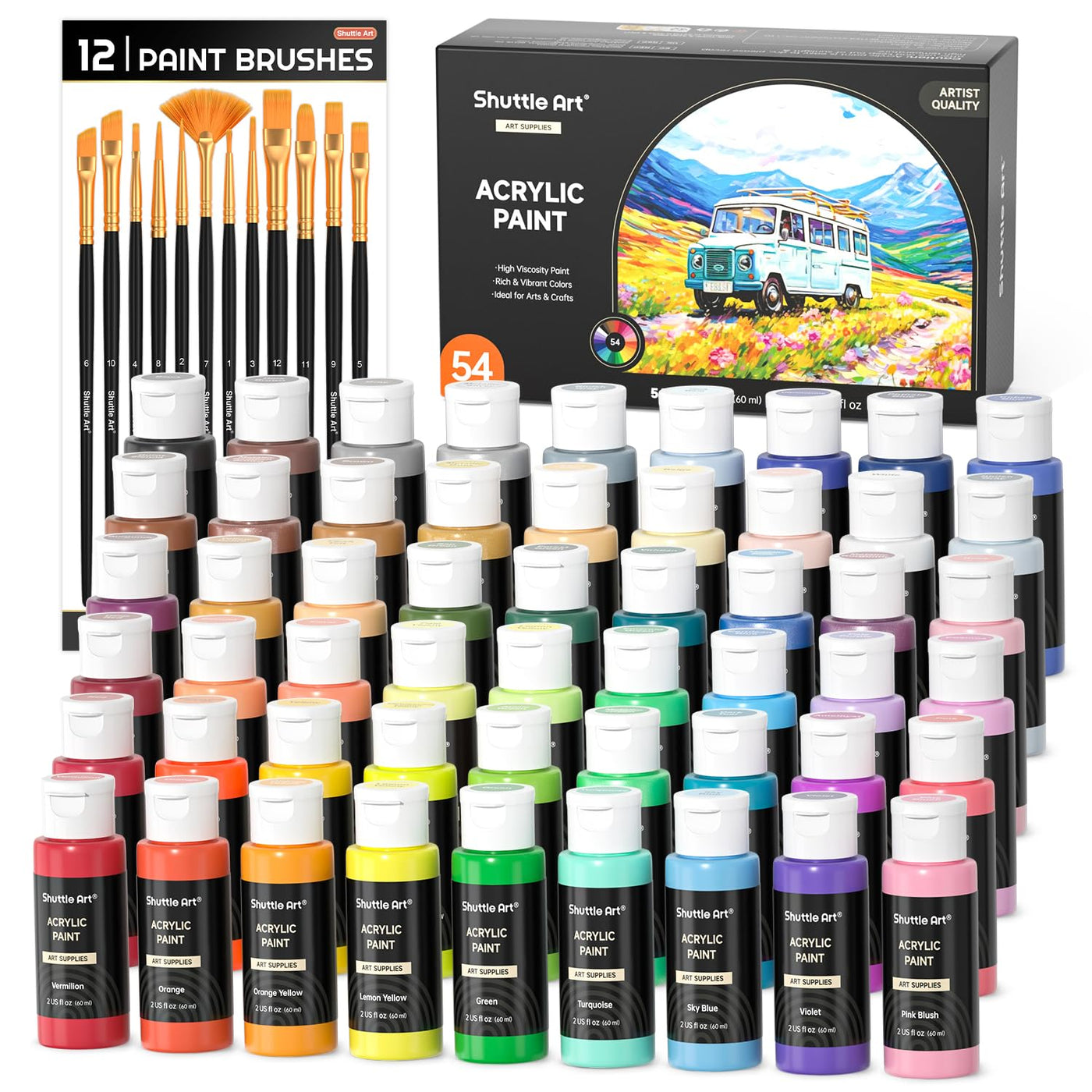 Shuttle Art Acrylic Paint Set, 36 Colors Acrylic Paint with Brushes & Palette, 2oz/60ml Bottles, Rich Pigments Non-toxic for Artists Kids & Adults, Painting on Canvas Rock Ceramic Wood