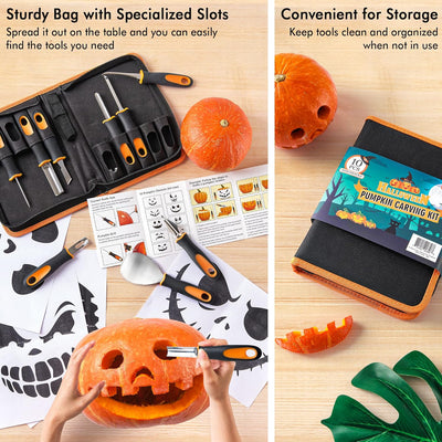 Shuttle Art 20 PCS Halloween Pumpkin Carving Kit, 10 PCS Professional Heavy Duty Stainless Steel Pumpkin Carving Tools with 10 Pumpkin Stencils and Carrying Case, Safe and Durable for Kids Adults