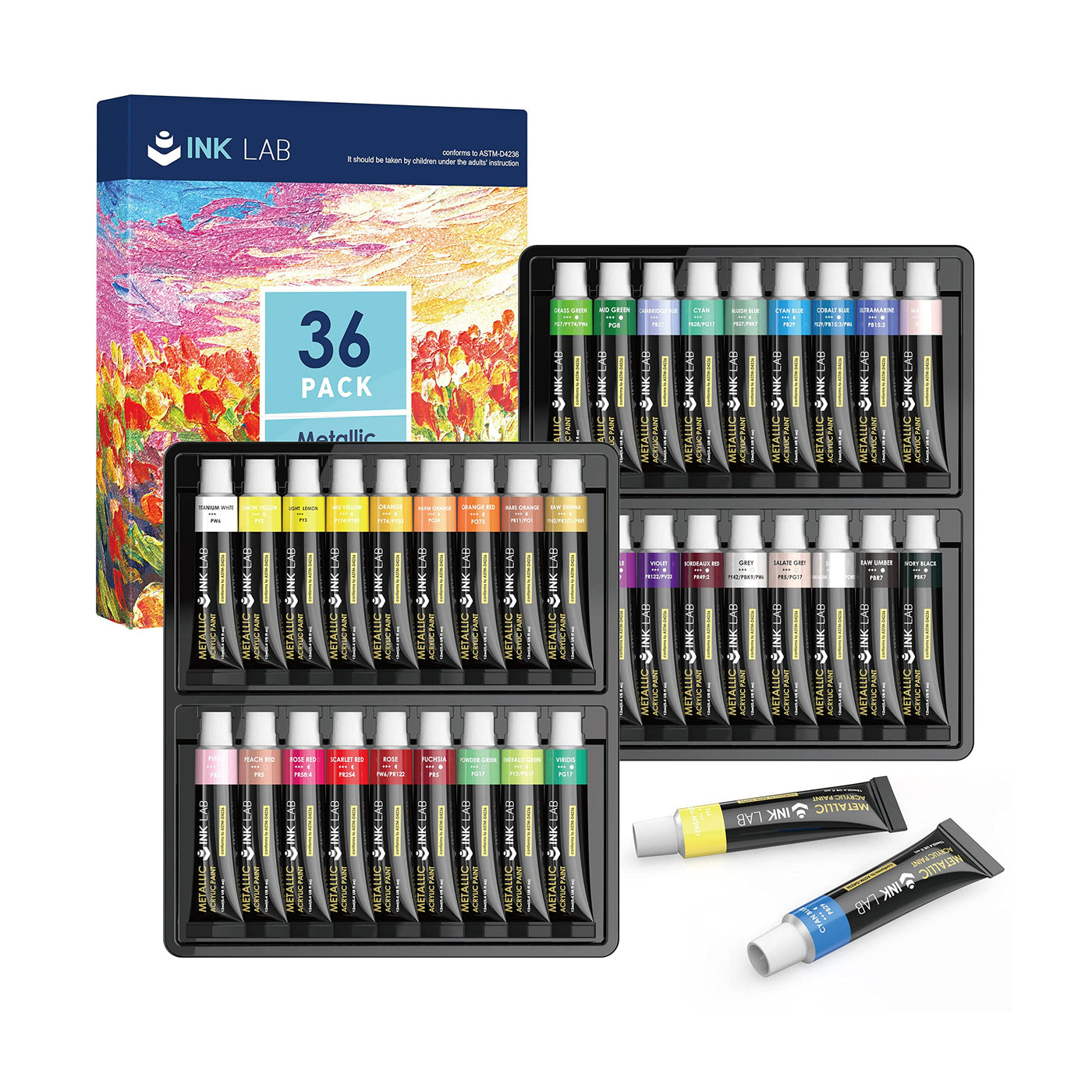 INK LAB Acrylic Paint Set 24 Tubes Non Toxic Acrylic Craft Paints for Artists Beginners Canvas Wood Painting, No Fading & Rich Pigment, 12ml/Tube